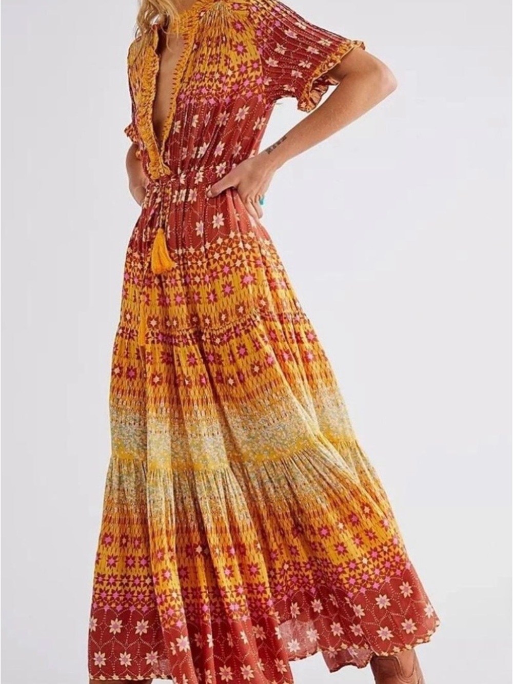 Bohemian Yellow & Rust Floral Maxi Dress Free people